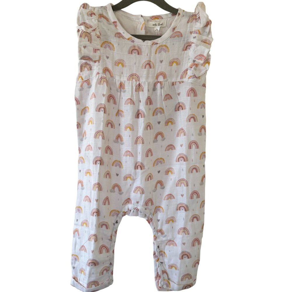 Nola Tawk Muslin Romper Chase Rainbows 2T Organic Cotton White Multicolor NWT